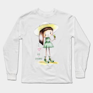 Cute girl in sundress with ice cream Long Sleeve T-Shirt